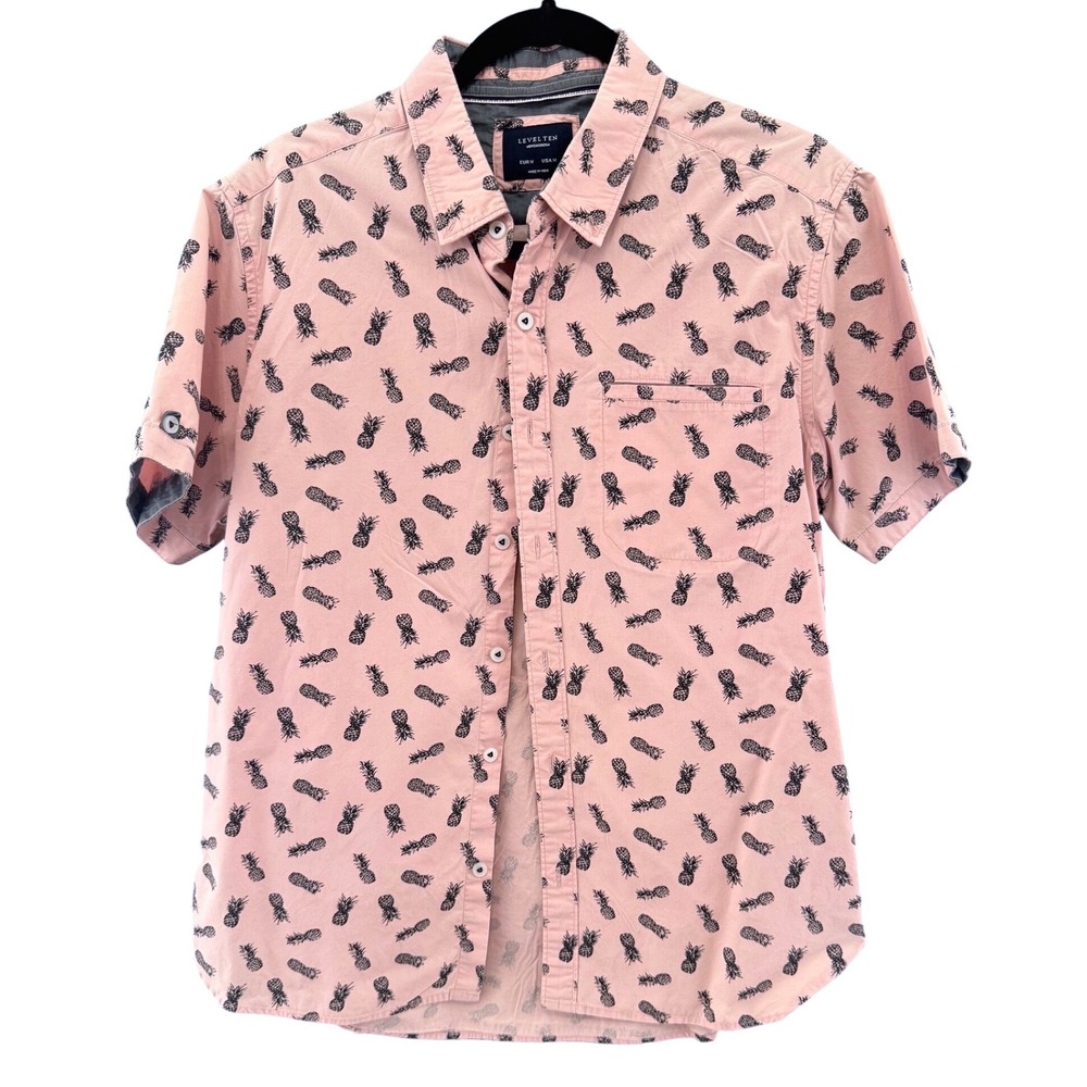 Level Ten 100% Cotton Pineapple Button Up Mens Shirt Medium Tropical